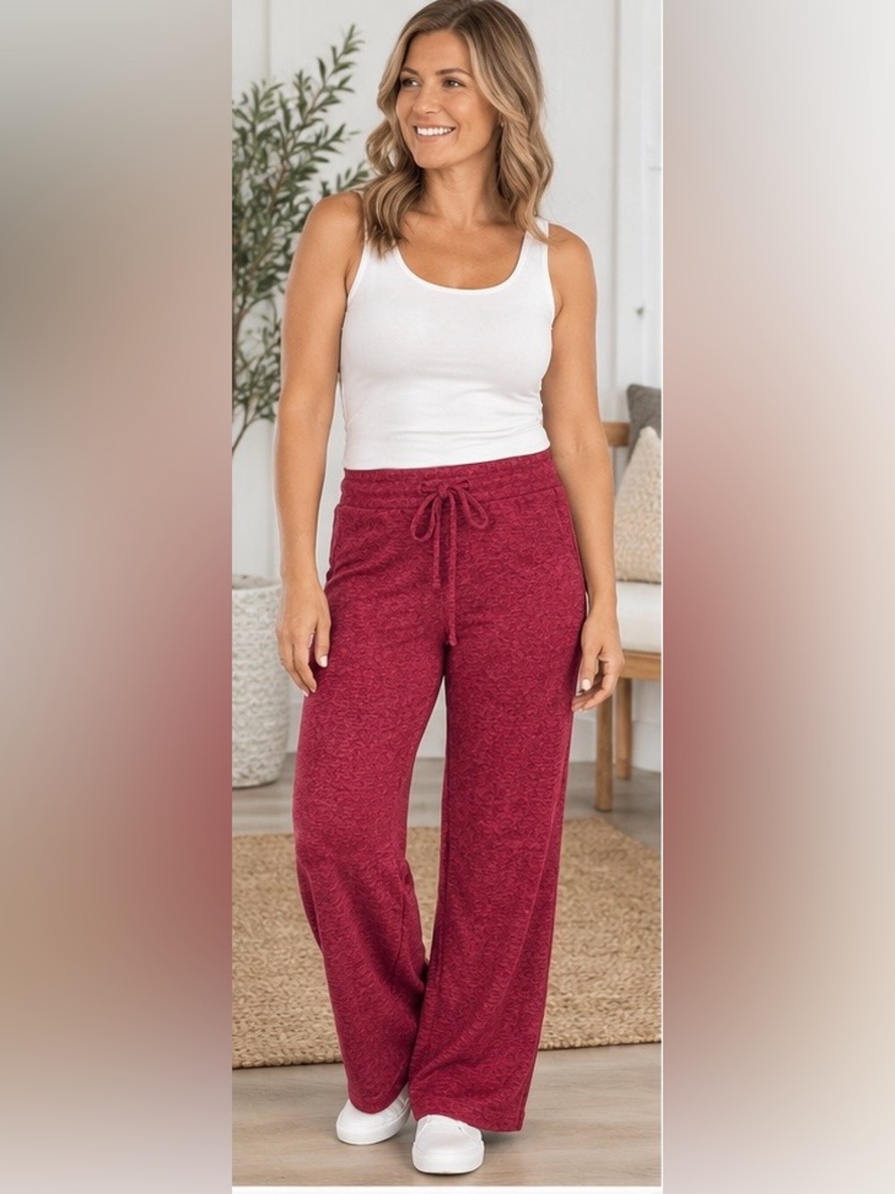 Zenana Outfitters Women's Burgundy Hacci Drawstring Joggers NWOT